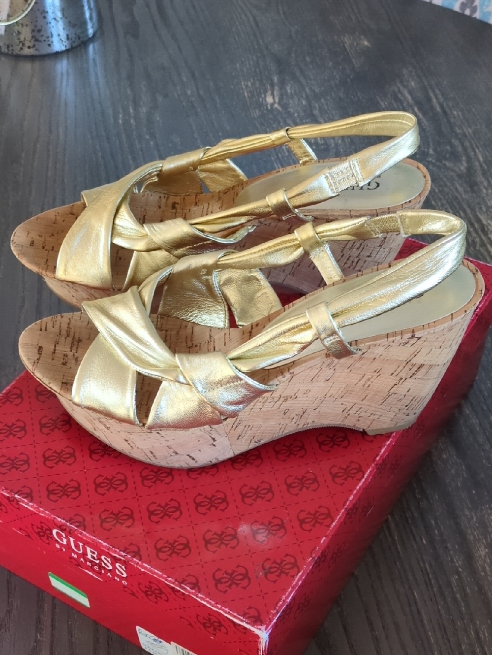 GUESS Gold Metallic Knotted Slingback Cork Wedge Sandals. Sz 8.5M